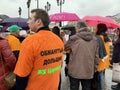 Moscow, Russia, October, 12, 2019. Man in orange t-shirt with the inscription `Deceived shareholder LCD Tsaritsyno` on Manezhnaya