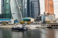 MOSCOW, RUSSIA - OCTOBER 24, 2017: Modern business class pleasure boats next to the wharf of Moscow International Business Centre. Royalty Free Stock Photo