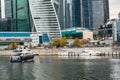 MOSCOW, RUSSIA - OCTOBER 24, 2017: Modern business class pleasure boats next to the wharf of Moscow International Business Centre. Royalty Free Stock Photo