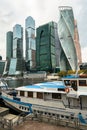 MOSCOW, RUSSIA - OCTOBER 24, 2017: Modern pleasure boat in fronf of the of Moscow International Business Centre. Royalty Free Stock Photo