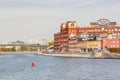 Moscow, Russia - October 03, 2019: Moskva River and buildings of Moscow confectionery factory Red October on the embankment in Royalty Free Stock Photo