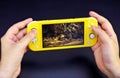 MOSCOW, RUSSIA - October 08, 2019: Nintendo Switch Lite is Nintendo`s latest entry into handheld gaming. Priced at $199.99, the