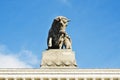 Moscow, Russia - October 05, 2019: Pavilion Meat industry at VDNH. Soviet architecture. A sculpture of a bull