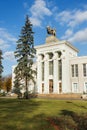 Moscow, Russia - October 05, 2019: Pavilion Meat industry at VDNH. Soviet architecture. A sculpture of a bull