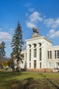 Moscow, Russia - October 05, 2019: Pavilion Meat industry at VDNH. Soviet architecture. A sculpture of a bull