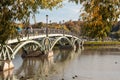 Pedestrian bridge to the island Horseshoe in Tsaristyno park on autumn day. Moscow. Russia Royalty Free Stock Photo