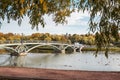 Pedestrian bridge to the island Horseshoe in Tsaristyno park on autumn day. Moscow. Russia Royalty Free Stock Photo