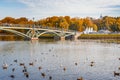 Pedestrian bridge to the island Horseshoe in Tsaritsyno park on autumn day. Moscow. Russia Royalty Free Stock Photo