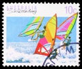 Postage stamp printed in Australia shows Sailboarding, Sports serie, 10 c - Australian cent, circa 1990