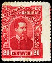 Postage stamp printed in Honduras shows President Luis Bogran 1845-1895, serie, 20 Honduran centavo, circa 1891