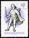 Postage stamp printed in Hungary shows Combatant of the 10th Century, World Fencing Championships, Budapest serie, 30 Hungarian