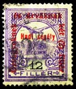 Postage stamp printed in Hungary shows Mythical bird Turul flying over Crown of Saintt Stephen, Turul and Stephan's crown serie,