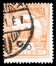 Postage stamp printed in Hungary shows Mythical bird Turul flying over Crown of Saintt Stephen, Turul and Stephan's crown serie,