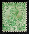 Postage stamp printed in India shows King George V with Indian emperor`s crown, Definitives 1926-1936 serie, circa 1926