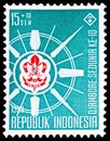 Postage stamp printed in Indonesia shows World Scout Jamboree, serie, 15 10 Indonesian sen, circa 1959