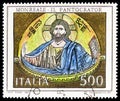 Postage stamp printed in Italy shows Christ Pantocrator; Apse Mosaic in the Monreale Cathedral, Artistic Heritage serie, 500