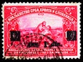 Postage stamp printed in Kingdom of Serbs, Croats and Slovenes shows Battle of Kosovo Polje - overprint, 1 din. - Yugoslav dinar, Royalty Free Stock Photo