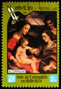 Postage stamp printed in Laos shows Mystic Marriage of Saint Catherine of Alexandria, 450th Death Anniversary of Correggio serie, Royalty Free Stock Photo