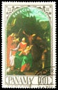 Postage stamp printed in Panama shows Holy Family with Angels, Carlo Saraceni, Religious paintings serie, circa 1966