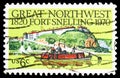 Postage stamp printed in shows Fort Snelling Keelboat and Tepees, Fort Snelling serie, 6 - United States cent, circa 1970 Royalty Free Stock Photo