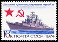 Postage stamp printed in Soviet Union shows Antisubmarine Destroyer, History of the Russian Navy serie, circa 1974 Royalty Free Stock Photo