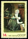 Postage stamp printed in Soviet Union shows Working Girl, Gabriel Metsu, Foreign Paintings in Soviet Museums serie, circa 1974
