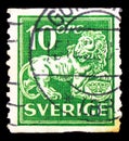 Postage stamp printed in Sweden shows Standing Lion, serie, 10 Swedish ore, circa 1921