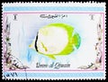 Postage stamp printed in Umm Al Quwain shows Milletseed Butterflyfish (Chaetodon miliaris), Tropical Fishes serie, circa 1972 Royalty Free Stock Photo