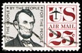 Postage stamp printed in United States shows Abraham Lincoln, Airmail 1952-1967 serie, 25 c - United States cent, circa 1960