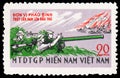 Postage stamp printed in Vietcong, National Liberation Front shows soldiers shoot at planes with a grenade launcher, 8th