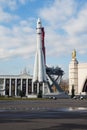 Moscow, Russia - October 05, 2019: Russian spaceship Vostok 1, monument of the first soviet rocket at VDNH. astronautics in USSR,