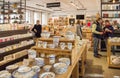 Moscow, Russia, October 5, 2019: school of ceramics and master classes in a pottery workshop. Visitors view beautiful handmade