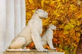 MOSCOW, RUSSIA - OCTOBER 17, 2017: Sculptures of lions guarding entrance to the building in Museum-reserve Kolomenskoye