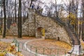 Moscow, Russia - October 16, 2019: Tourists on the Tower Ruins in Tsaritsyno Park at autumn day. Tsaritsyno Park is popular