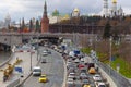 Moscow, Russia - October 22, 2019: Traffic jam in Moscow center. Cars on the busy road with the Moscow kremlin on the background. Royalty Free Stock Photo