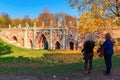 Moscow, Russia - October 17, 2018: View of Great bridge over the ravine in Tsaritsyno park in Moscow on a blue sky background at Royalty Free Stock Photo