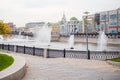 Moscow, Russia - October 8, 2020:View of the Luzhkov Bridge over the Vodootvodny Canal and fountains