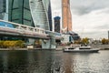 MOSCOW, RUSSIA - OCTOBER 24, 2017: Modern business class pleasure boats next to the wharf of Moscow International Business Centre. Royalty Free Stock Photo
