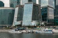 MOSCOW, RUSSIA - OCTOBER 24, 2017: Modern business class pleasure boats next to the wharf of Moscow International Business Centre. Royalty Free Stock Photo