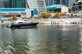 MOSCOW, RUSSIA - OCTOBER 24, 2017: Modern business class pleasure boats next to the wharf of Moscow International Business Centre. Royalty Free Stock Photo