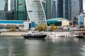 MOSCOW, RUSSIA - OCTOBER 24, 2017: Modern business class pleasure boats next to the wharf of Moscow International Business Centre. Royalty Free Stock Photo