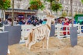 Moscow, Russia - October 05, 2019: Wooden figure of a domestic goat on the traditional festival Golden Autumn on Red Square in