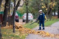 Worker removing dry foliage from the pavement using air flow equipment