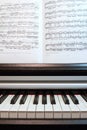 An open book of sheet music on the piano. A composition of the sheet music and the piano keyboard. Royalty Free Stock Photo