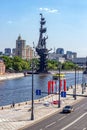 View from the Patriarch`s bridge to the Moscow Yakimanka district, with a giant monument to Peter I