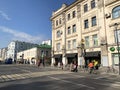 Moscow, Russia, October, 16, 2019. People walking near house 19 on the street Pokrovka. Apartment house of Fyodor Rakhmanov, 1898-