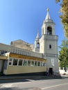 Moscow, Russia, August, 29, 2019 . People walking near Ioanno-Predtechensky women monastery in Maly Ivanovsky lane Royalty Free Stock Photo