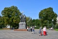 Moscow, Russia, September, 01, 2018. People walking next to the monument to Cyril and Methodius in Ilyinskaya square in the summe