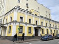 Moscow, Russia, November, 13, 2019. People walking on a pedestrian crossing on Bolshaya Nikitskaya street nearhouse 20/1, prichta