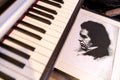 Portrait of Ludwig Beethoven next to the piano keyboard. The concept of the anniversary of the birth of the famous composer.